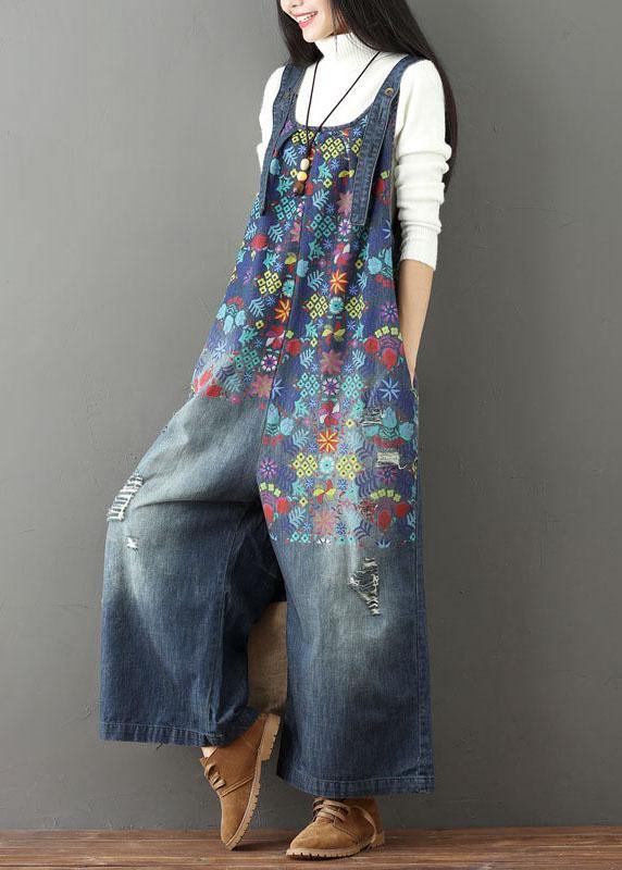 Elegant Casual Print Wide Leg Blue Autumn Jumpsuit Denim