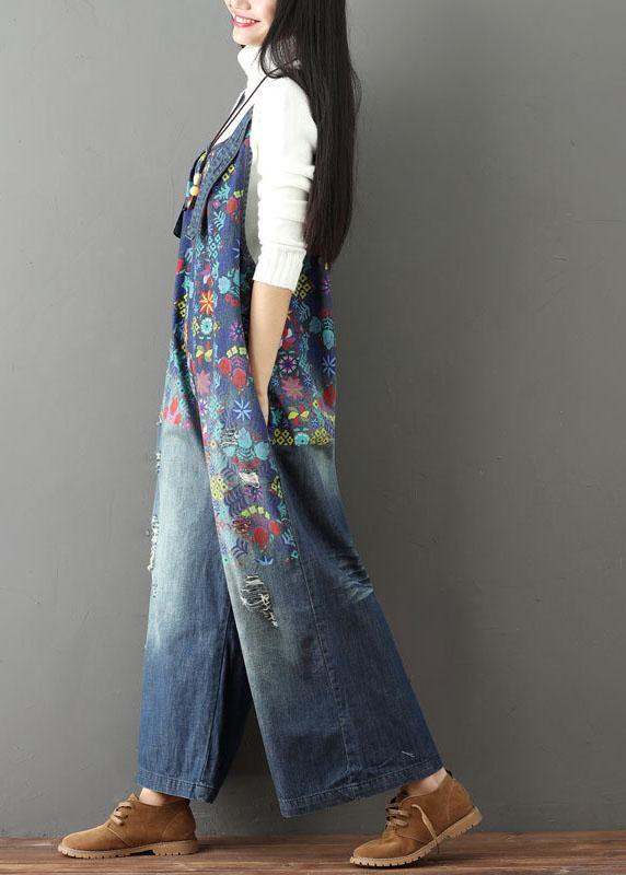 Elegant Casual Print Wide Leg Blue Autumn Jumpsuit Denim