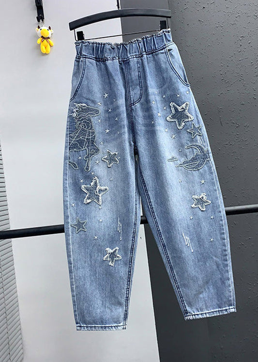 Elegant Blue Pocket Embroidered Elastic Waist Denim Cropped Pants Summer