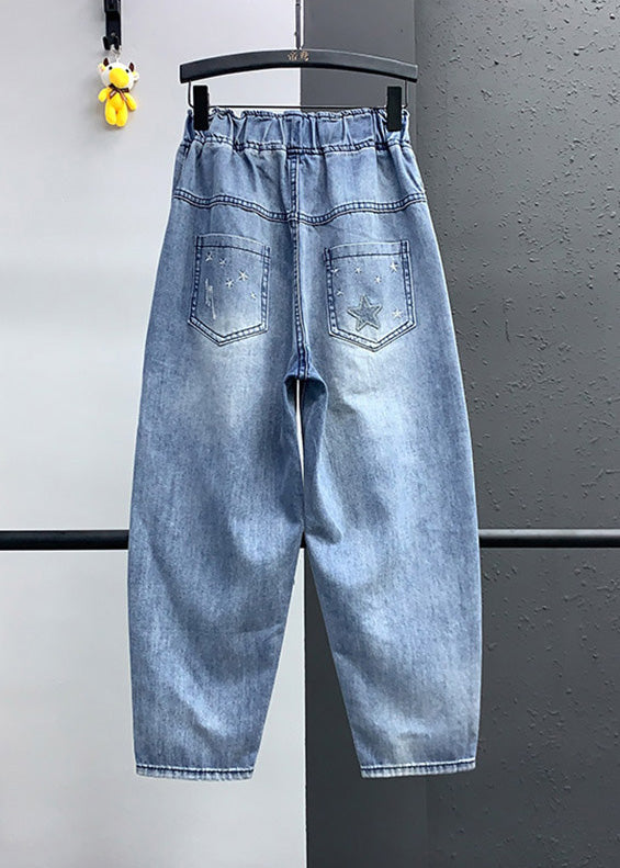 Elegant Blue Pocket Embroidered Elastic Waist Denim Cropped Pants Summer