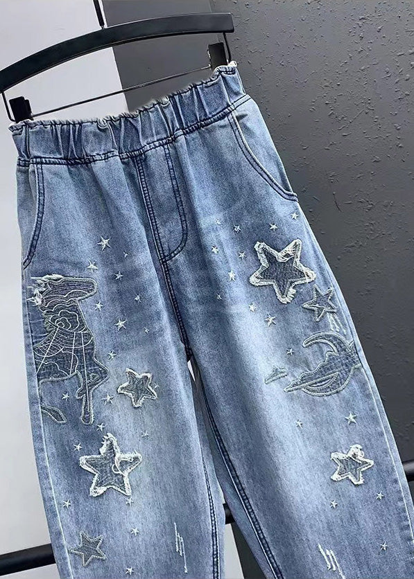 Elegant Blue Pocket Embroidered Elastic Waist Denim Cropped Pants Summer