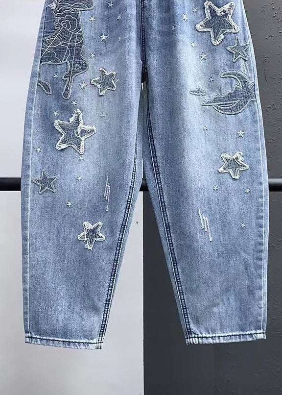 Elegant Blue Pocket Embroidered Elastic Waist Denim Cropped Pants Summer