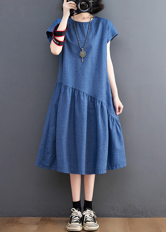 O-neck elegant blue paneled silk denim maxi dress for summer