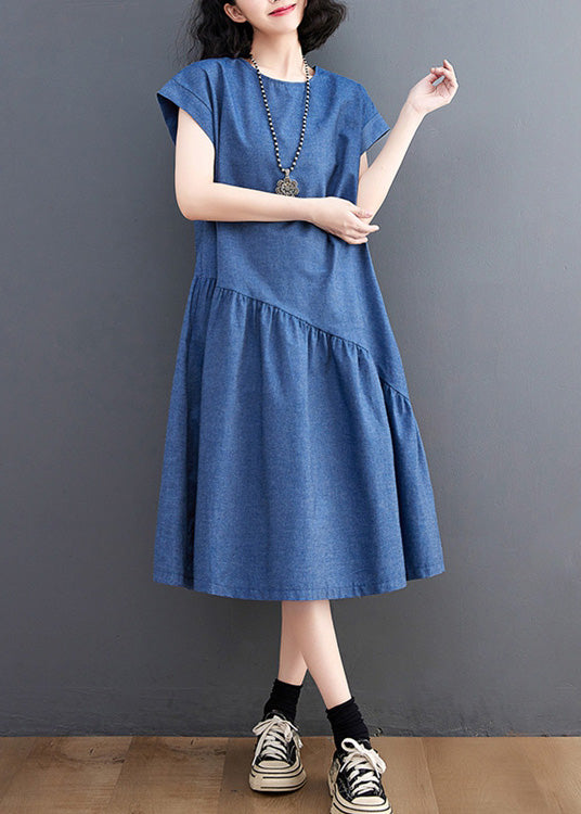 O-neck elegant blue paneled silk denim maxi dress for summer