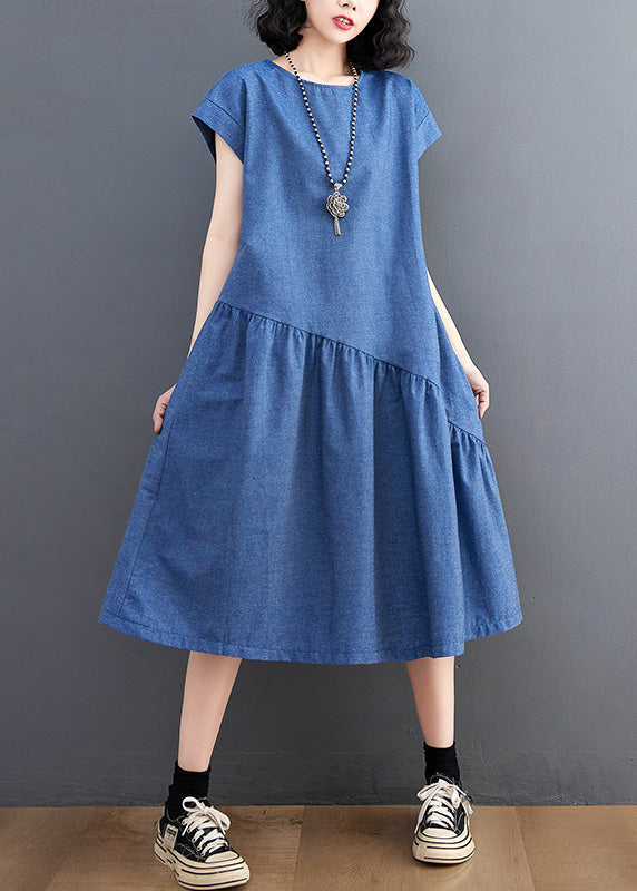 O-neck elegant blue paneled silk denim maxi dress for summer