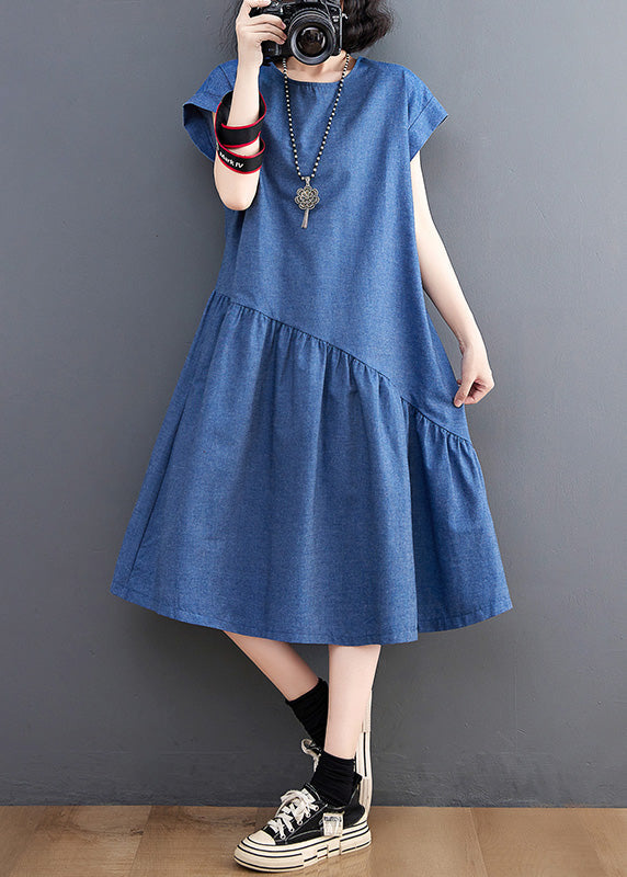 O-neck elegant blue paneled silk denim maxi dress for summer