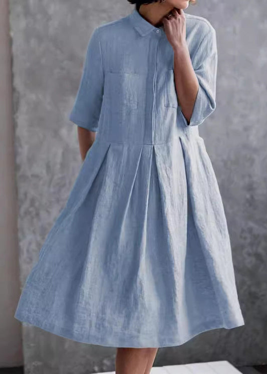 Elegant Blue Peter Pan Collar Button Cotton Shirts Dress Summer