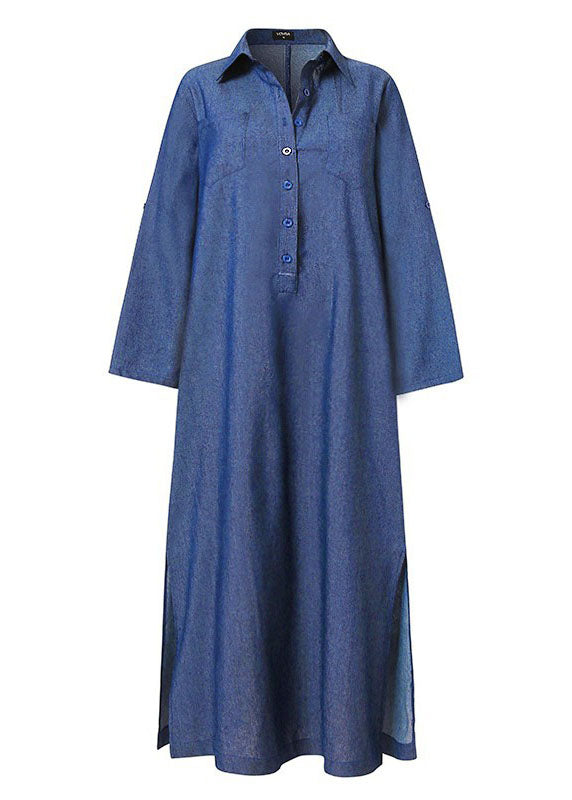 Elegant Peter Pan Collar Long Patchwork Blue Denim Long Sleeves Dress