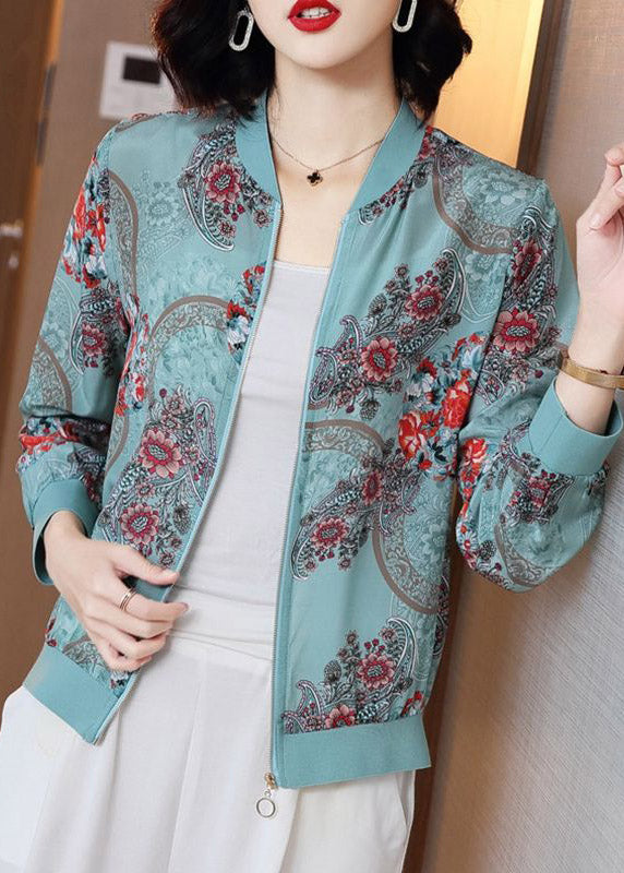 Elegant blue printed zipper chiffon sun protection Coat