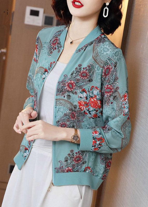 Elegant blue printed zipper chiffon sun protection Coat