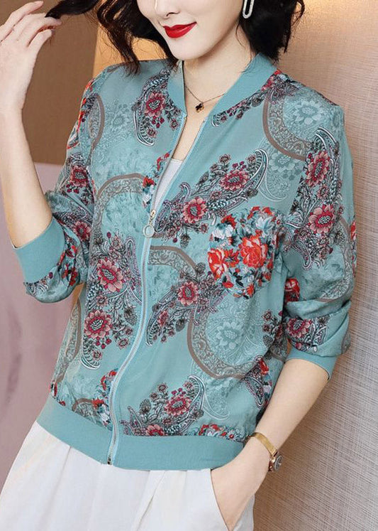 Elegant blue printed zipper chiffon sun protection Coat