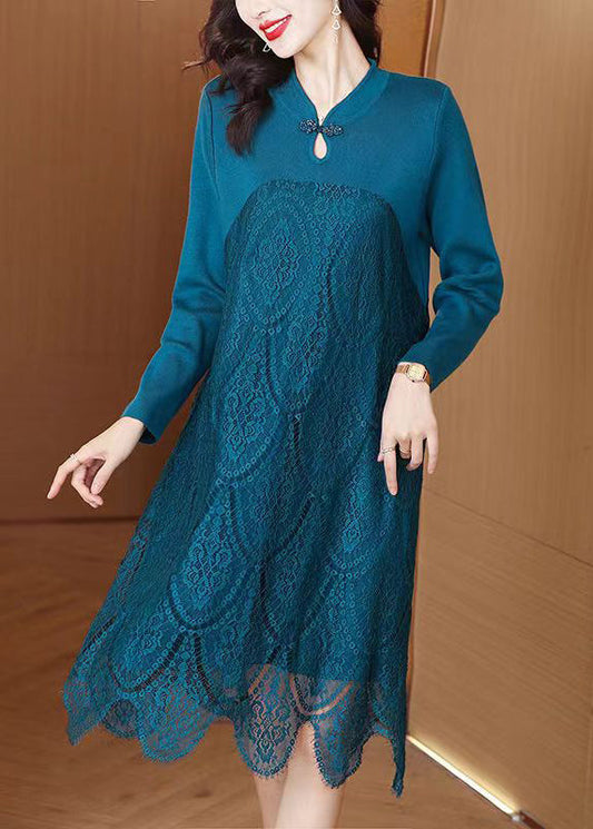 Elegant Blue Stand Collar Knit Patchwork Lace Sweater Dress Fall