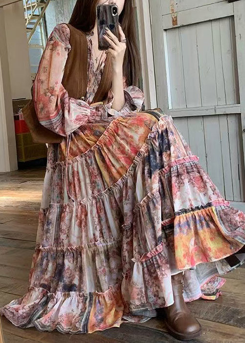 Elegant Brown Faux Suede Waistcoat And Ruffled Dress Two-Piece Set Spring