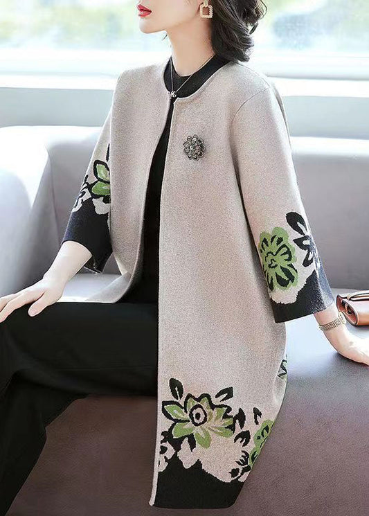 Elegant Camel O Neck Print Patchwork Knit Cardigans Fall