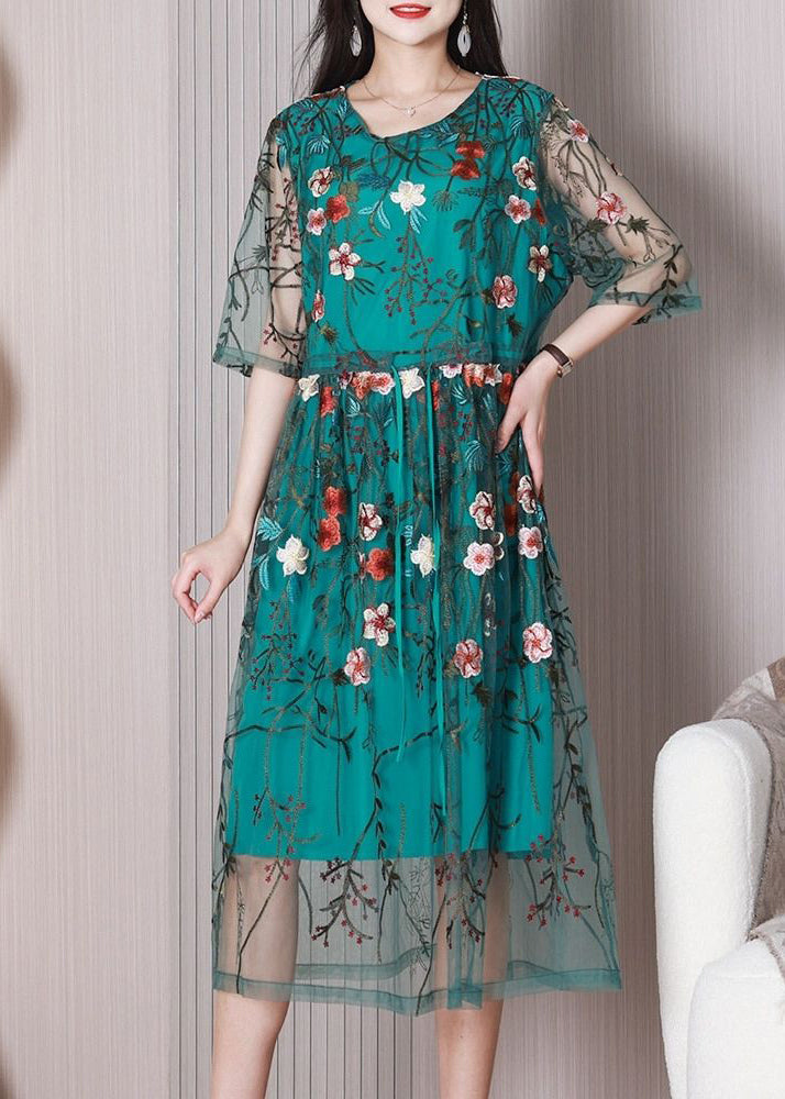 Elegant Green Floral Tulle Holiday Embroidery Dress Summer