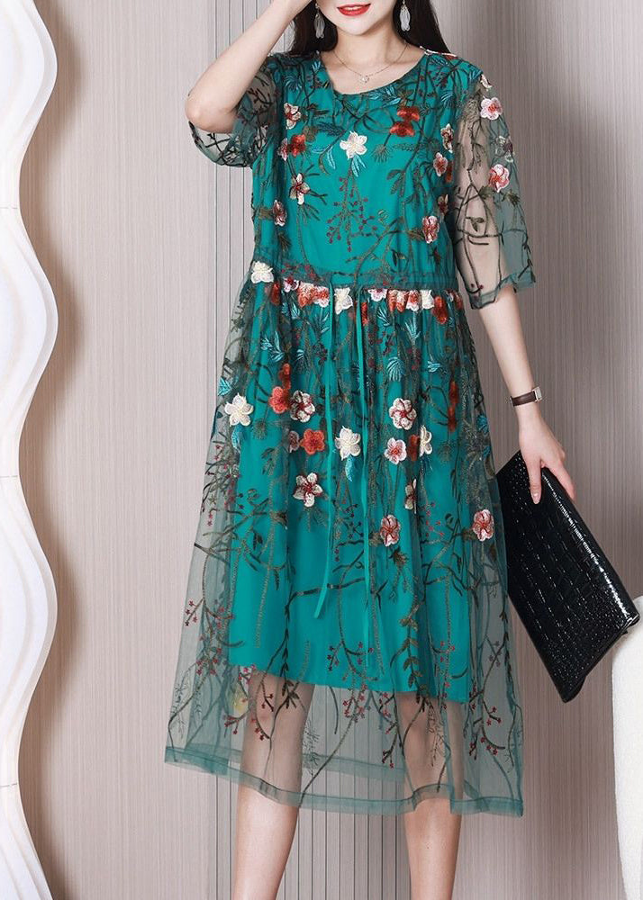 Elegant Green Floral Tulle Holiday Embroidery Dress Summer