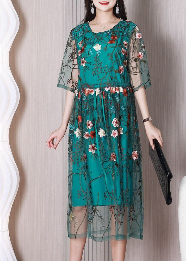 Elegant Green Floral Tulle Holiday Embroidery Dress Summer