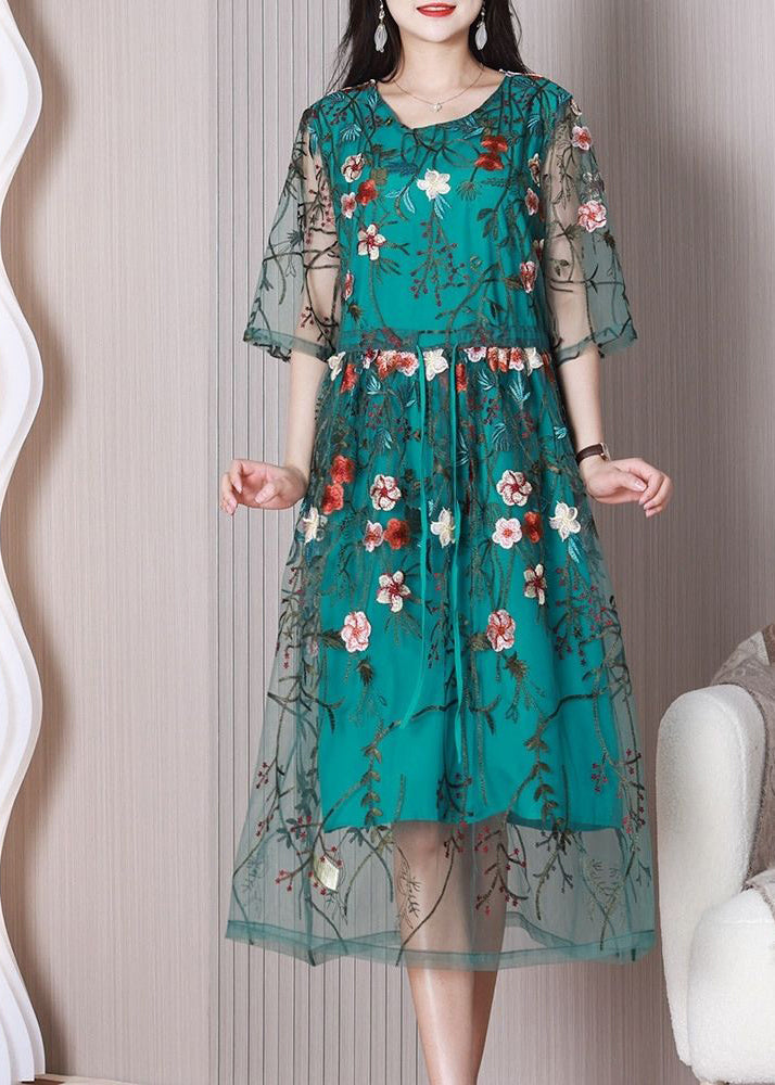 Elegant Green Floral Tulle Holiday Embroidery Dress Summer