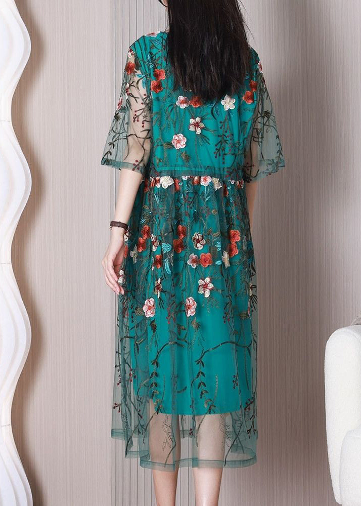 Elegant Green Floral Tulle Holiday Embroidery Dress Summer