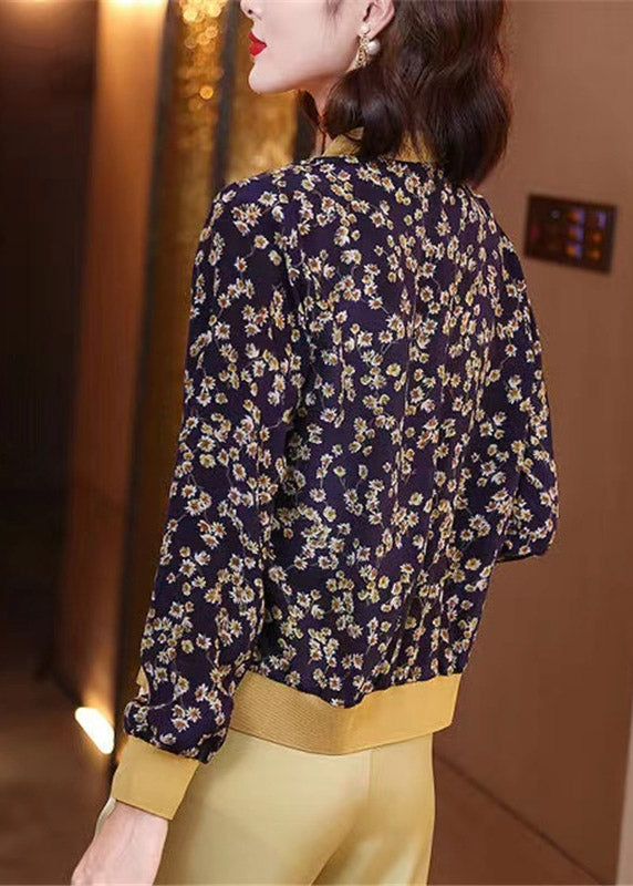 Elegant Navy Blue Chiffon Print Zipper Sun Protection Coat Long Sleeves