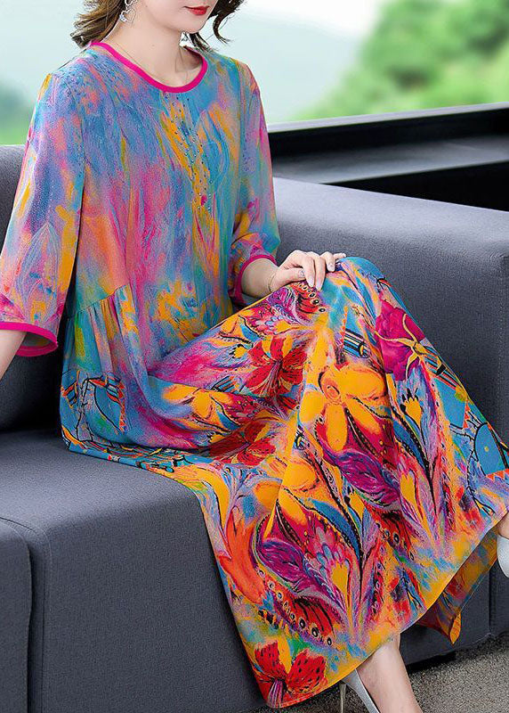 Elegant Oversized Print O-Neck Silk Maxi Dress With Bangle Sleeves