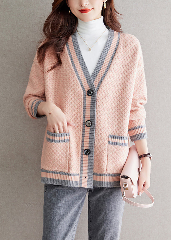 Elegant Pink V Neck Button Patchwork Knit Cardigan Fall