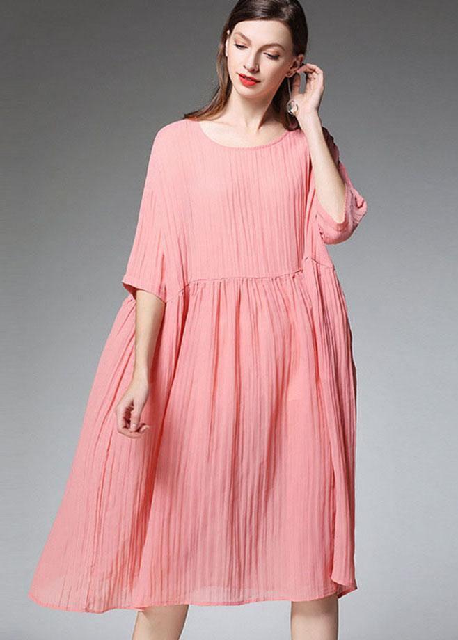 Elegant Pink Wrinkled Pockets Summer Dress Half Sleeve