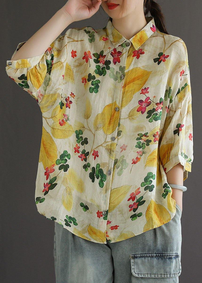 Elegant Peter Pan Neck Button Summer Print Linen Top Three Quarter Sleeves