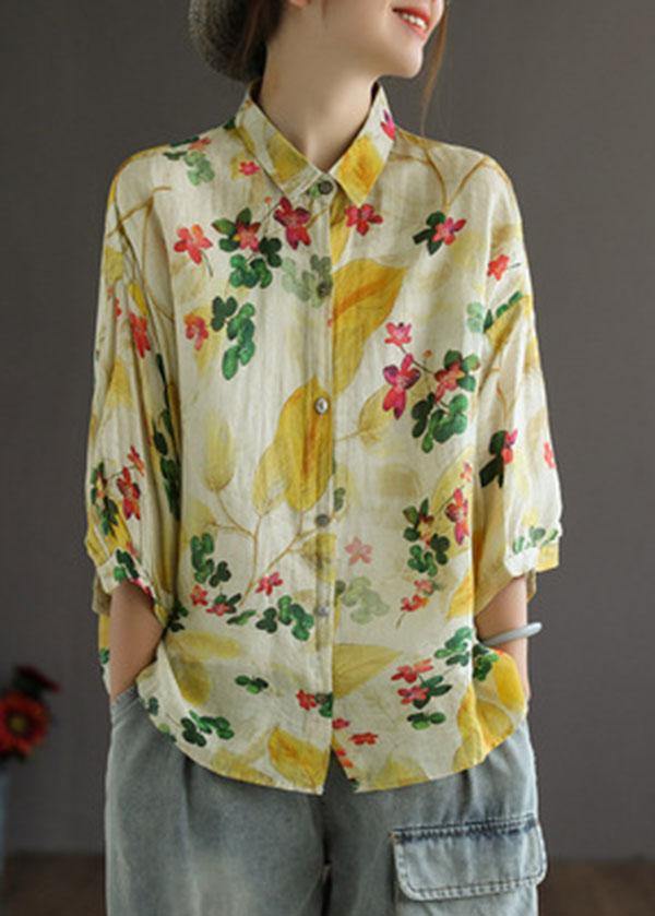 Elegant Peter Pan Neck Button Summer Print Linen Top Three Quarter Sleeves