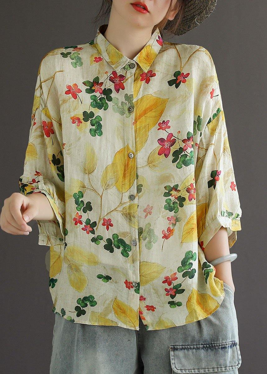 Elegant Peter Pan Neck Button Summer Print Linen Top Three Quarter Sleeves