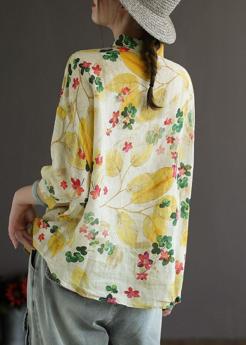 Elegant Peter Pan Neck Button Summer Print Linen Top Three Quarter Sleeves