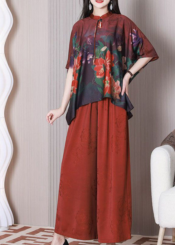 Elegant red Mandarin style collar oversized tassel printed silk two-piece summer