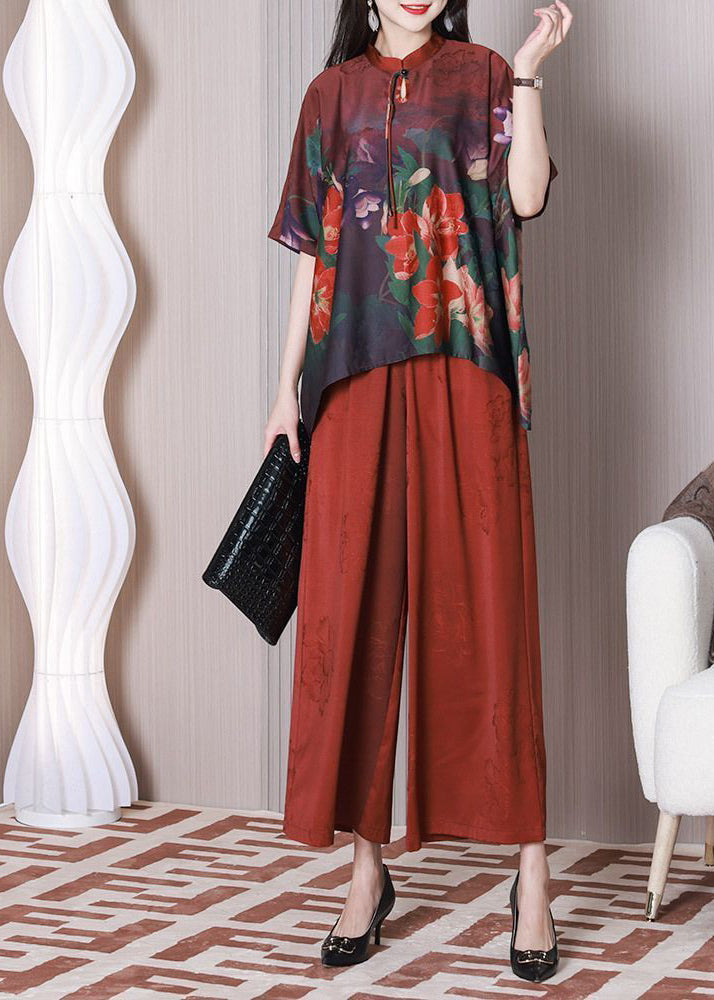 Elegant red Mandarin style collar oversized tassel printed silk two-piece summer