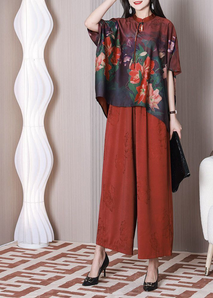 Elegant red Mandarin style collar oversized tassel printed silk two-piece summer