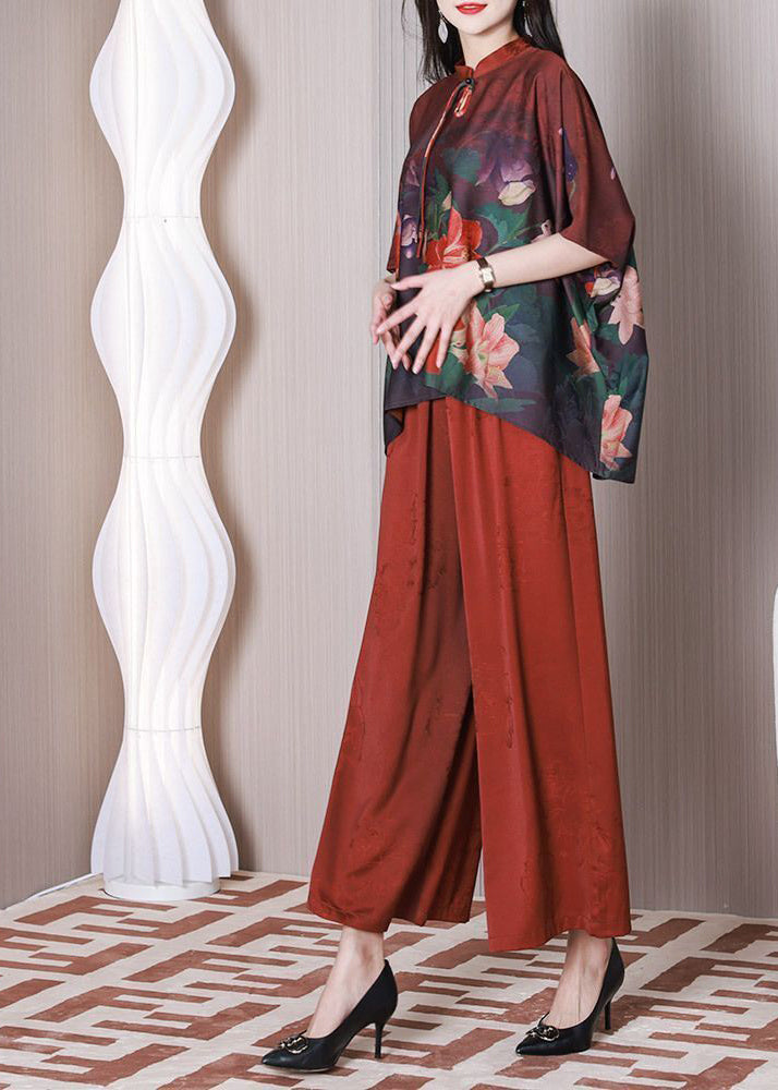 Elegant red Mandarin style collar oversized tassel printed silk two-piece summer