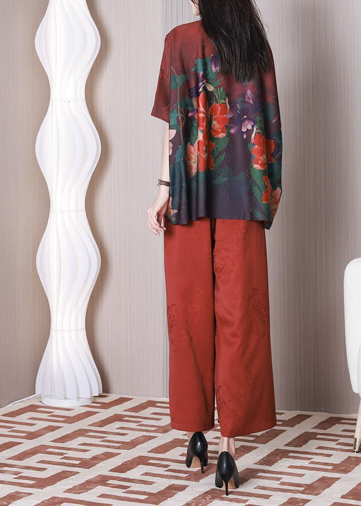 Elegant red Mandarin style collar oversized tassel printed silk two-piece summer