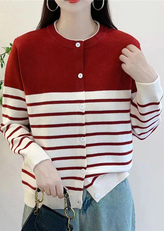 Elegant Red Striped Button Knit Cardigan Fall