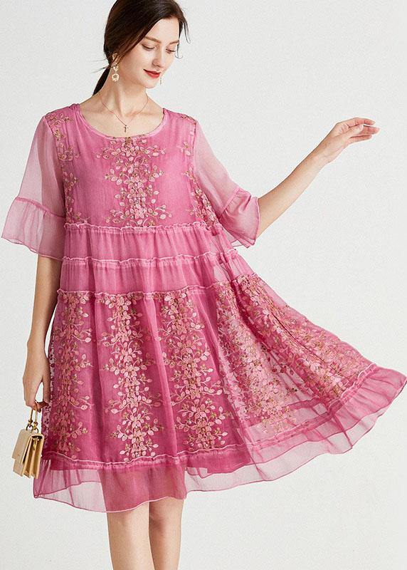 Elegant Rose Embroidered Patchwork Summer Dresses Half Sleeve