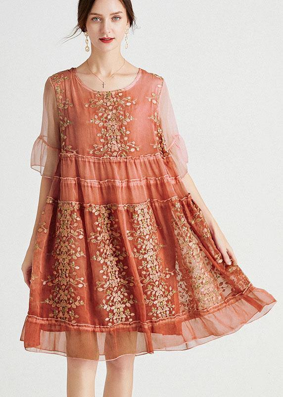 Elegant Rose Embroidered Patchwork Summer Dresses Half Sleeve