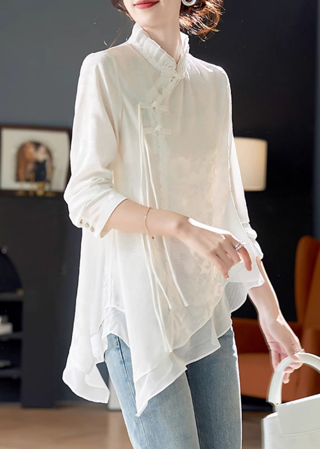 Elegant White Ruffled Chinese Button Chiffon Shirt Long Sleeve – Linadiva