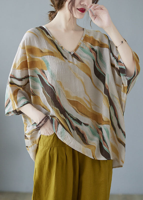 Elegant V Neck Print Autumn Yellow Striped Shirt Tops Half Sleeve