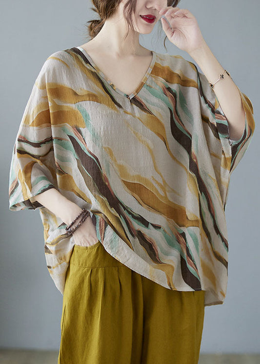 Elegant V Neck Print Autumn Yellow Striped Shirt Tops Half Sleeve