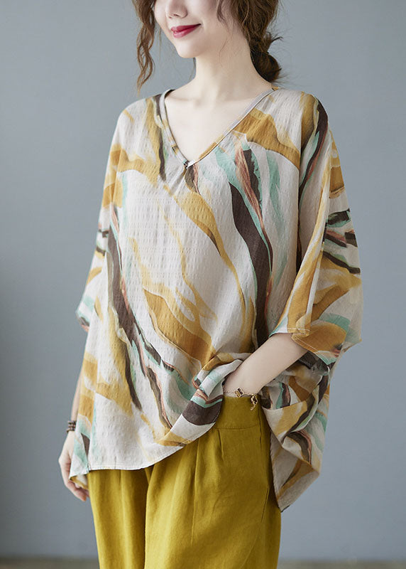 Elegant V Neck Print Autumn Yellow Striped Shirt Tops Half Sleeve