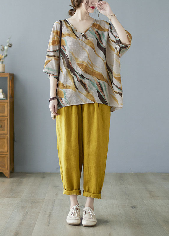 Elegant V Neck Print Autumn Yellow Striped Shirt Tops Half Sleeve