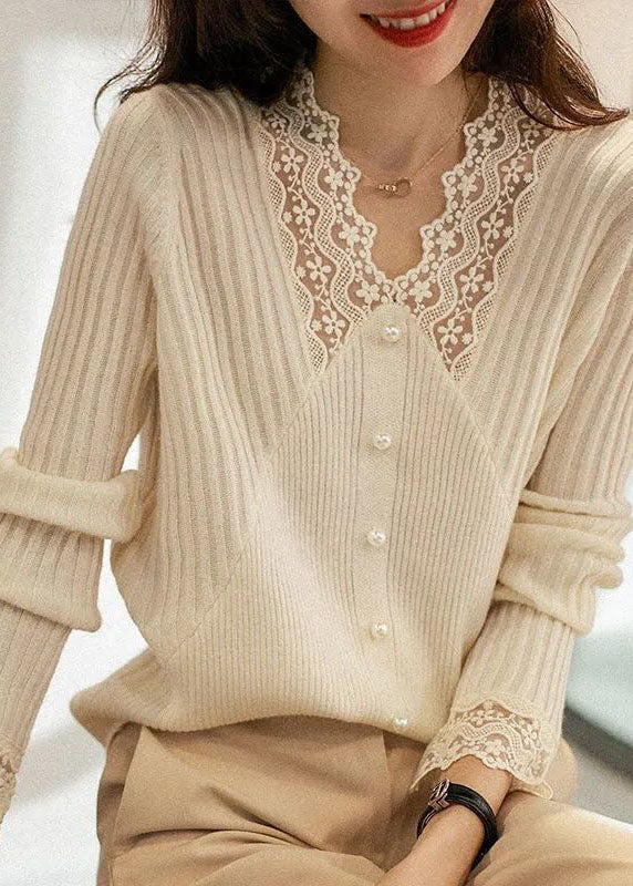 Elegant Apricot V Neck Thick Lace Patchwork Nail Bead Knit Sweater Tops Winter