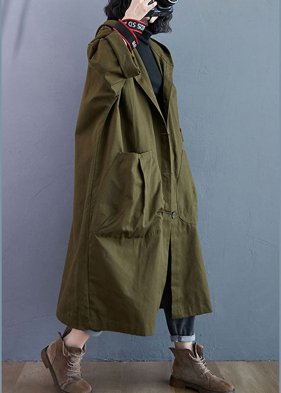 Elegant  Pocket Button Fall Army Green Hooded Long Sleeve Trench Coats