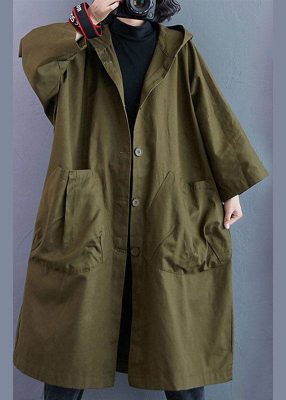 Elegant  Pocket Button Fall Army Green Hooded Long Sleeve Trench Coats