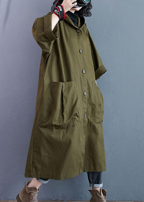 Elegant  Pocket Button Fall Army Green Hooded Long Sleeve Trench Coats