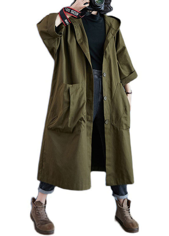 Elegant  Pocket Button Fall Army Green Hooded Long Sleeve Trench Coats