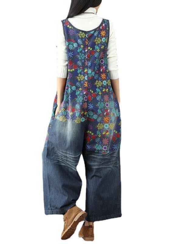 Elegant Casual Print Wide Leg Blue Autumn Jumpsuit Denim